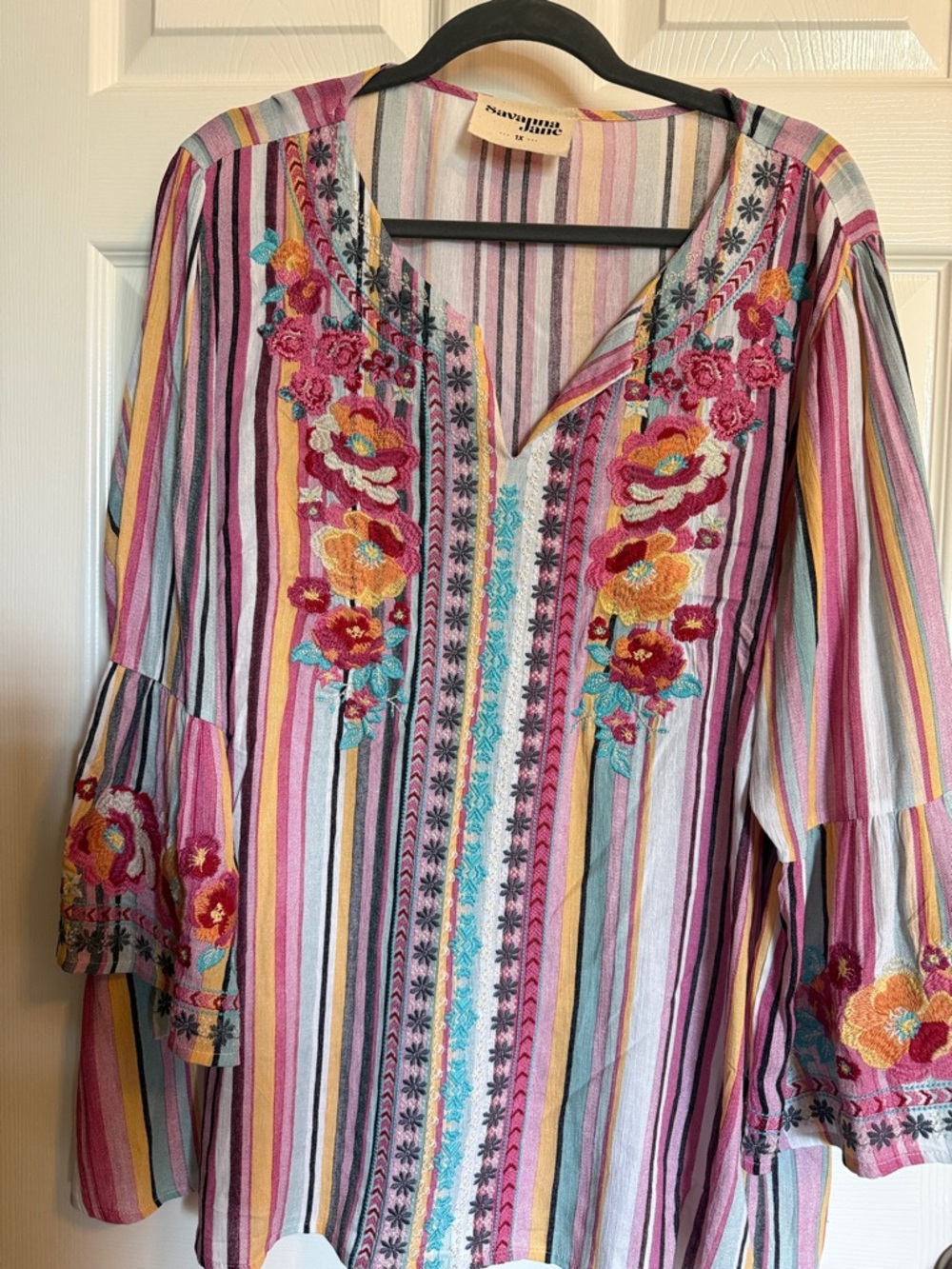 Savanna Jane Multicolor Striped Embroidered Tunic - Pink, Yellow, Turquoise